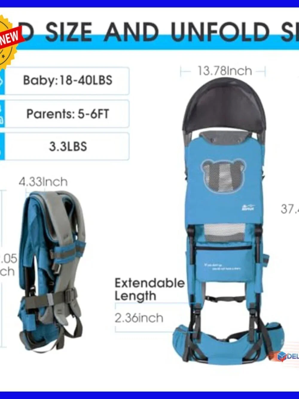 Lightweight Toddler Hiking Backpack Carrier with Sun Shade, Foldable Frame